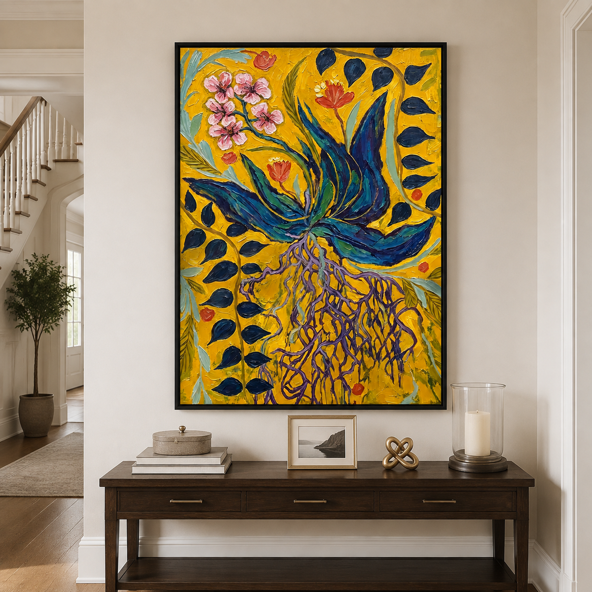 Blue and teal leaves, exposed purple roots, and small pink and orange flowers against mustard yellow, in an entryway.