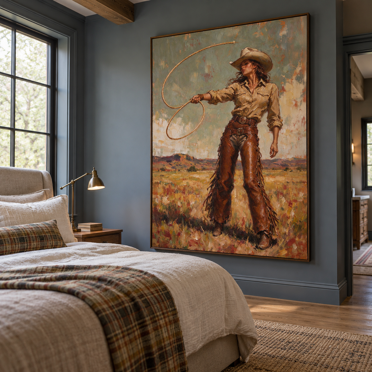 A cowgirl in a tan hat and shirt with fringed brown chaps standing in an open field while swinging a lasso in a wide loop against a muted gray-green sky, shown in room setting 5.