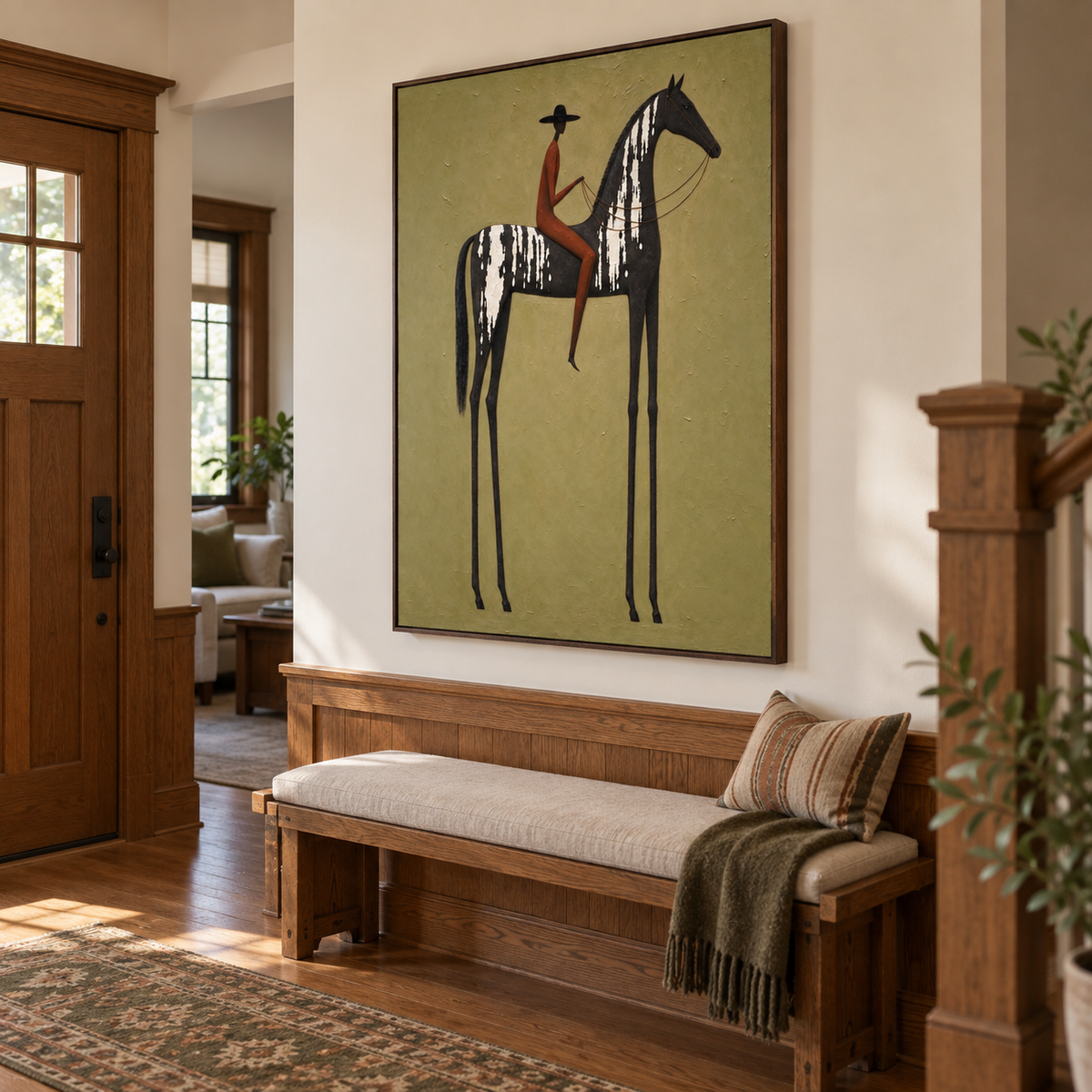 A rust-colored rider in a black hat on a tall narrow black horse with white markings against light olive green, shown from an angle in an entryway.