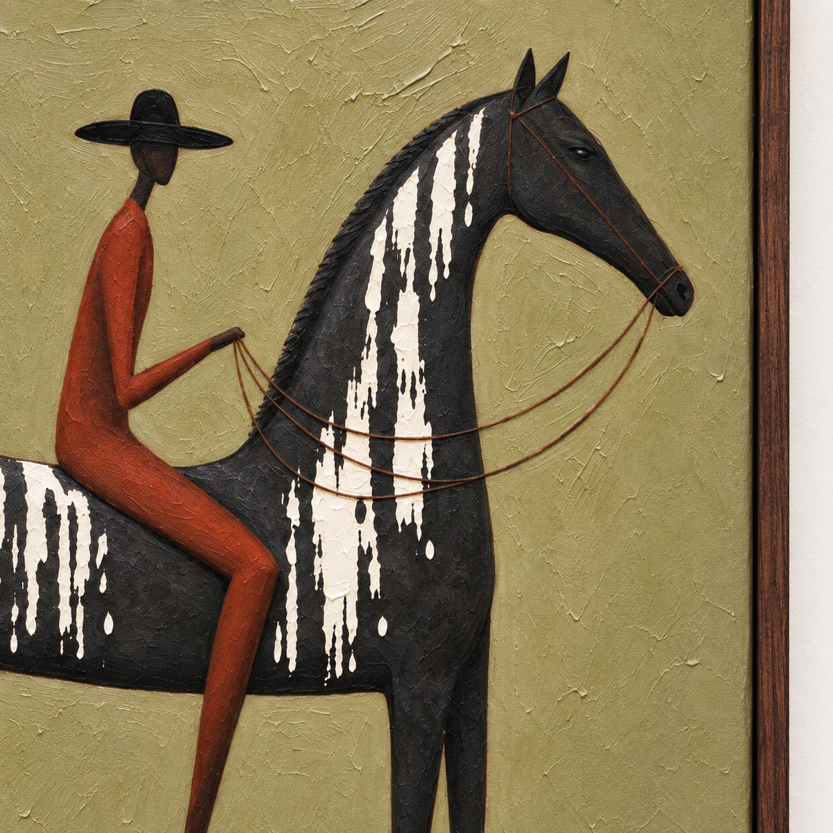 A rust-colored rider in a black hat on a tall narrow black horse with white markings against light olive green, close-up detail.