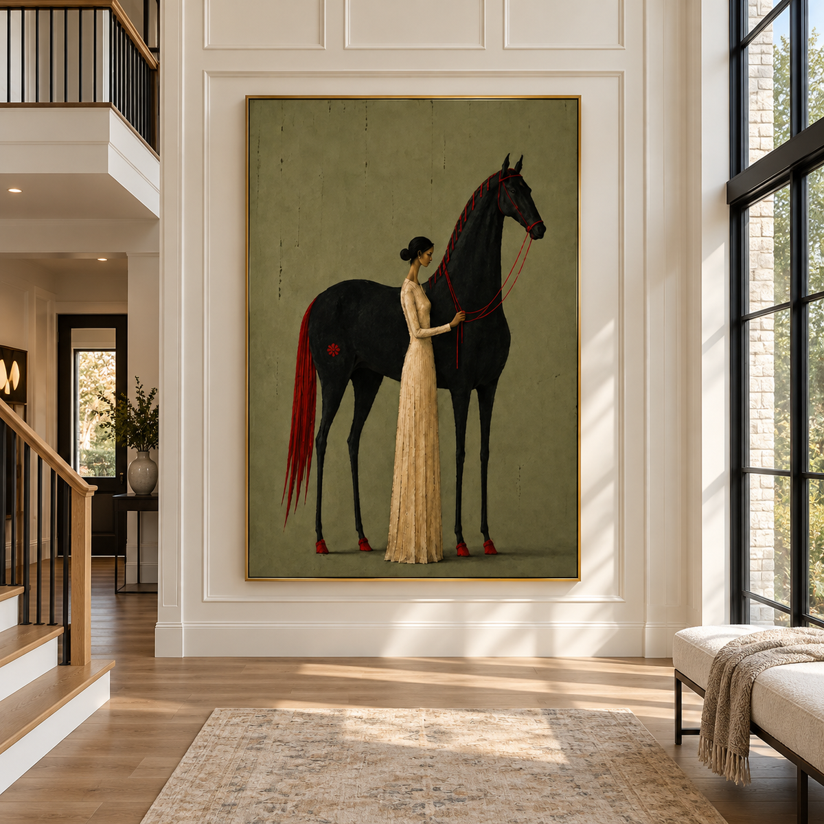 A woman in a long cream dress holding the red reins of a tall black horse with a red mane and tail on a muted olive background, shown in room setting 1.