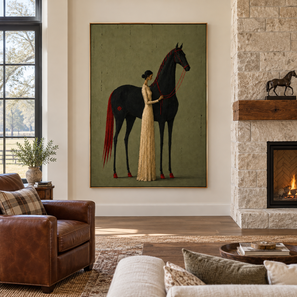 A woman in a long cream dress holding the red reins of a tall black horse with a red mane and tail on a muted olive background, shown in room setting 2.