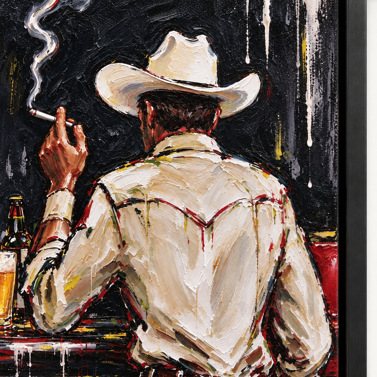 A cowboy seen from behind in a white hat and shirt sitting on a red barstool with a beer and curling cigarette smoke, close-up of the painted details.