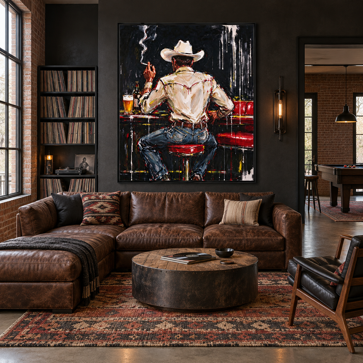 A cowboy seen from behind in a white hat and shirt sitting on a red barstool with a beer and curling cigarette smoke, shown in a industrial loft lounge.