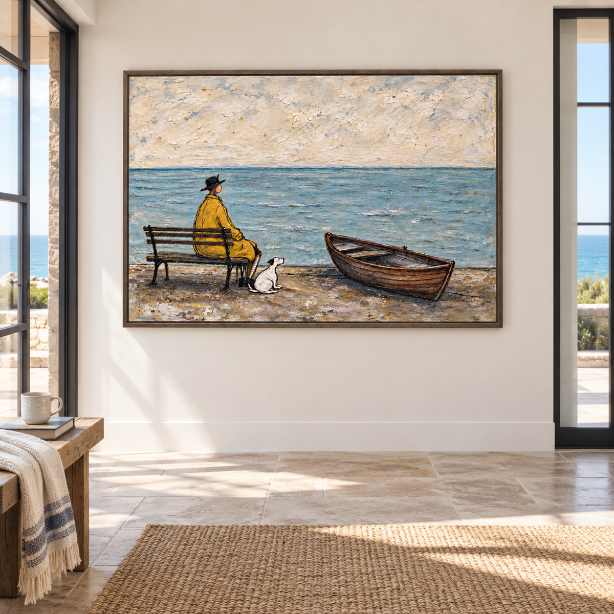A man in a yellow coat seated on a bench looking out over blue water with a small white dog beside him and an empty wooden rowboat on the beach, shown in room setting 3.