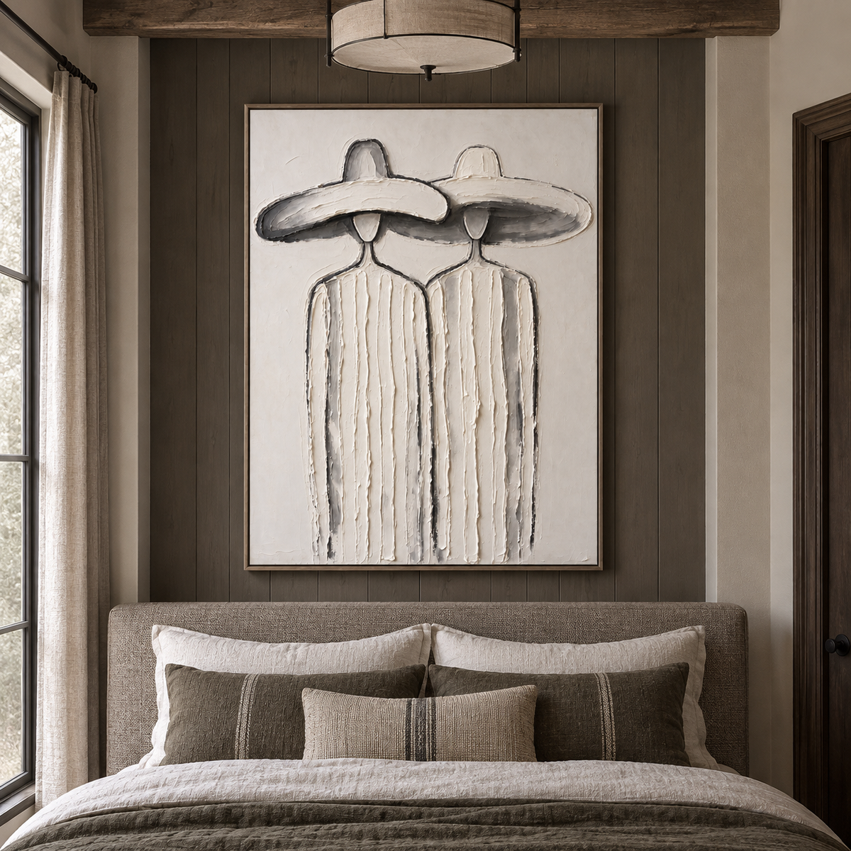 Two slender faceless figures in pale striped clothing and overlapping broad white hats, shown in a country bedroom.