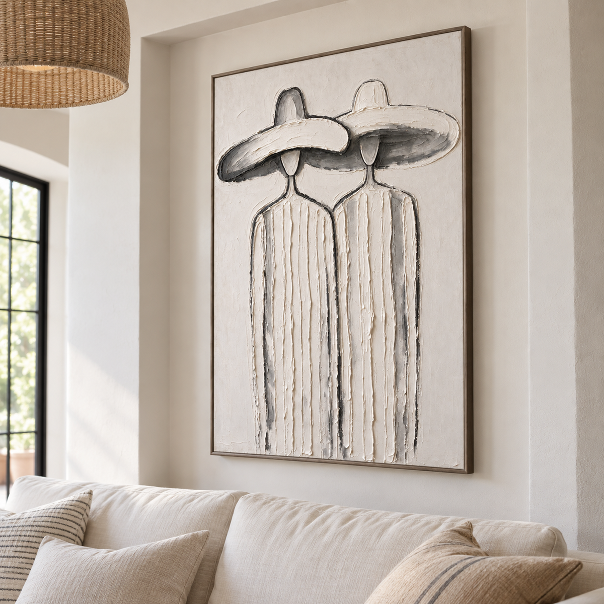 Two slender faceless figures in pale striped clothing and overlapping broad white hats, shown from an angle in the room.