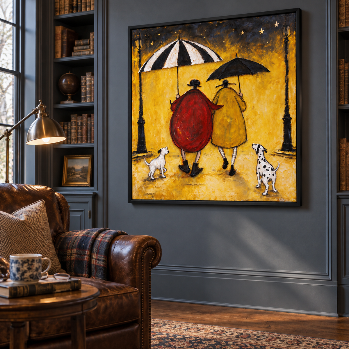 Two people seen from behind in red and yellow coats carrying striped and black umbrellas on a golden nighttime path with a white dog and a Dalmatian beneath stars, shown in room setting 4.