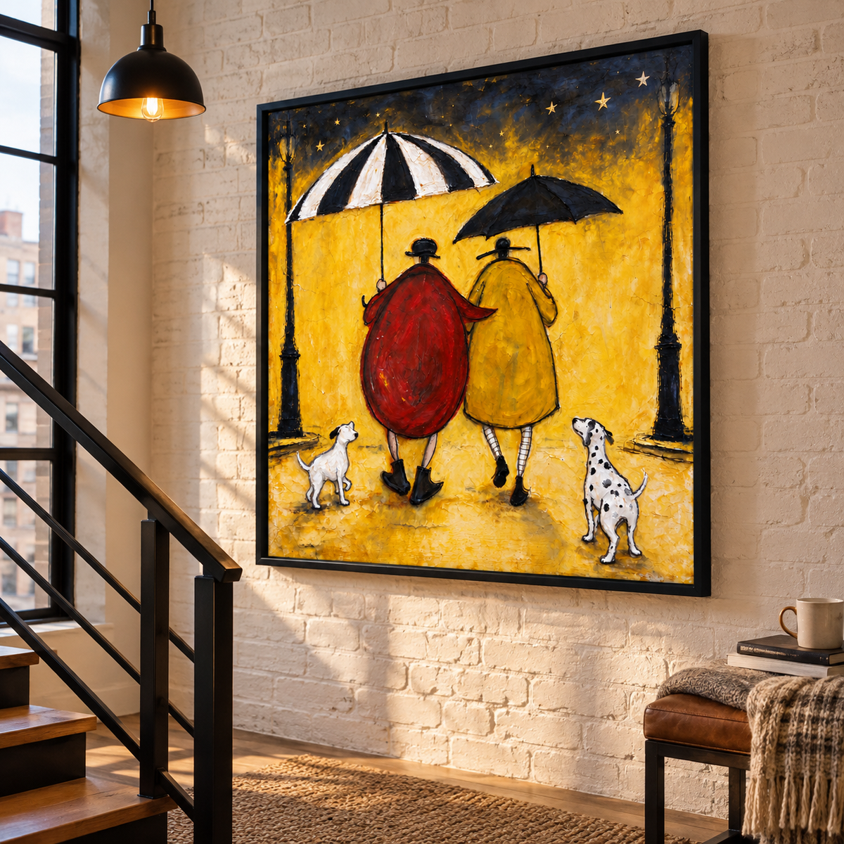 Two people seen from behind in red and yellow coats carrying striped and black umbrellas on a golden nighttime path with a white dog and a Dalmatian beneath stars, shown in room setting 5.