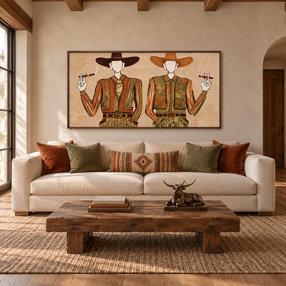 Two faceless cowboys in striped rust-brown jackets, olive vests and wide-brimmed hats holding cigars against a pale beige background, shown in room setting 1.