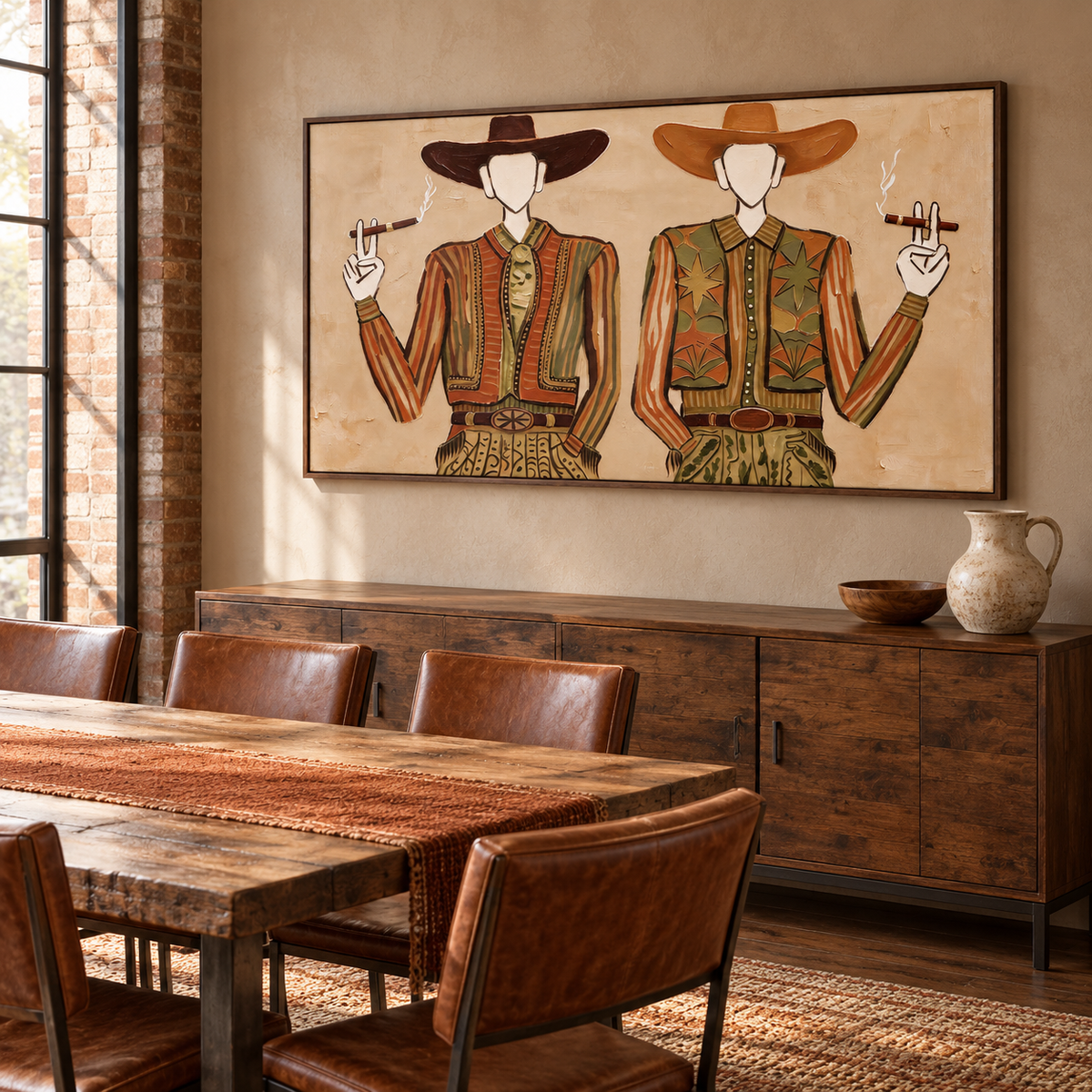 Two faceless cowboys in striped rust-brown jackets, olive vests and wide-brimmed hats holding cigars against a pale beige background, shown in room setting 4.