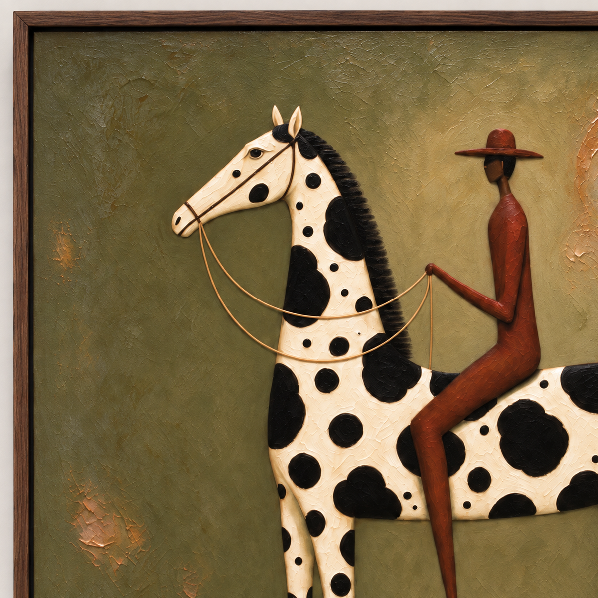 A rust-colored rider on a long-legged white horse with bold black spots against olive green, close-up detail.