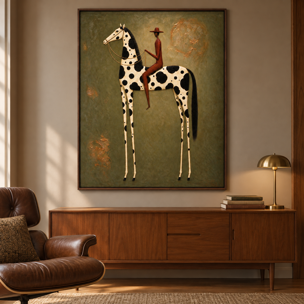 A rust-colored rider on a long-legged white horse with bold black spots against olive green, in a midcentury living room.