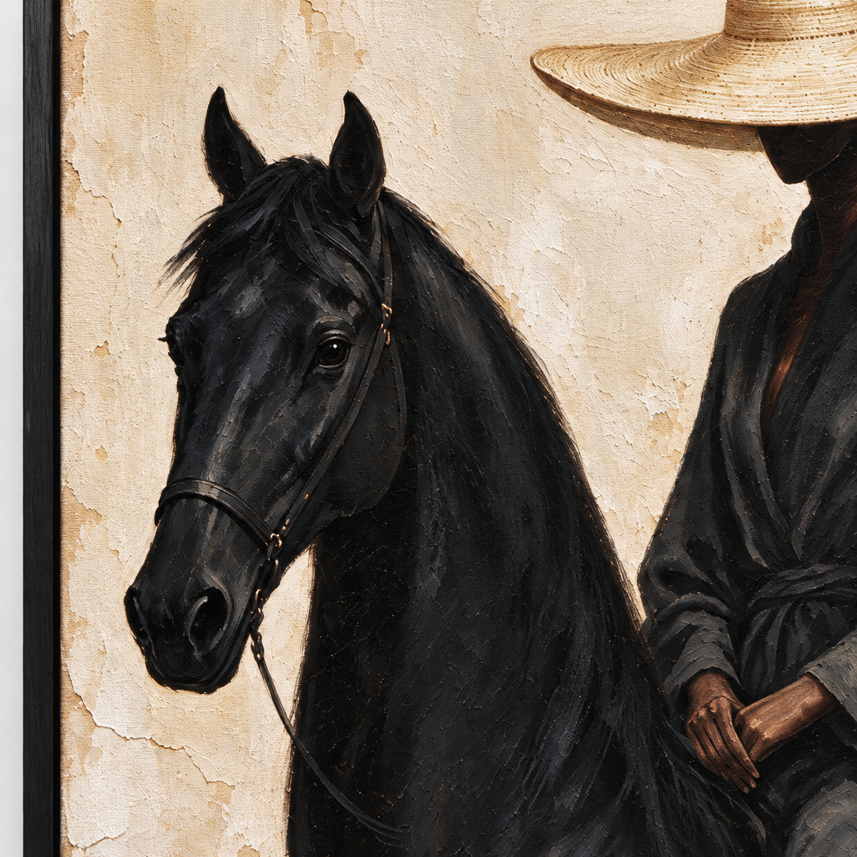 A black horse standing with a dark-clothed rider in a wide tan hat against a warm cream background, close-up of the painted details.