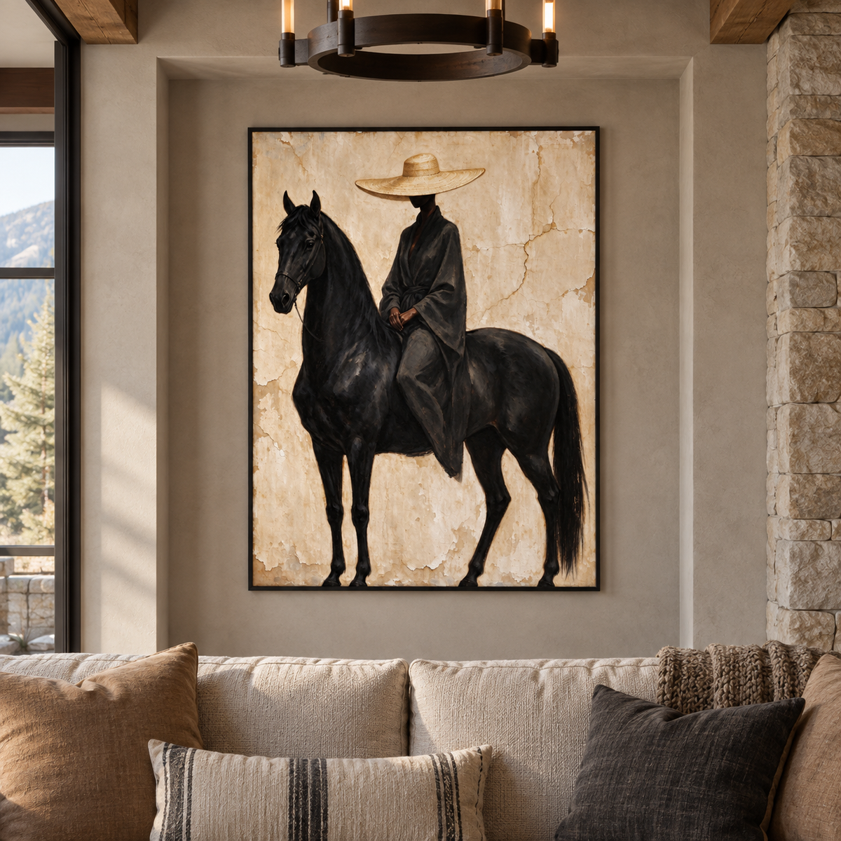 A black horse standing with a dark-clothed rider in a wide tan hat against a warm cream background, shown in a ranch living room.