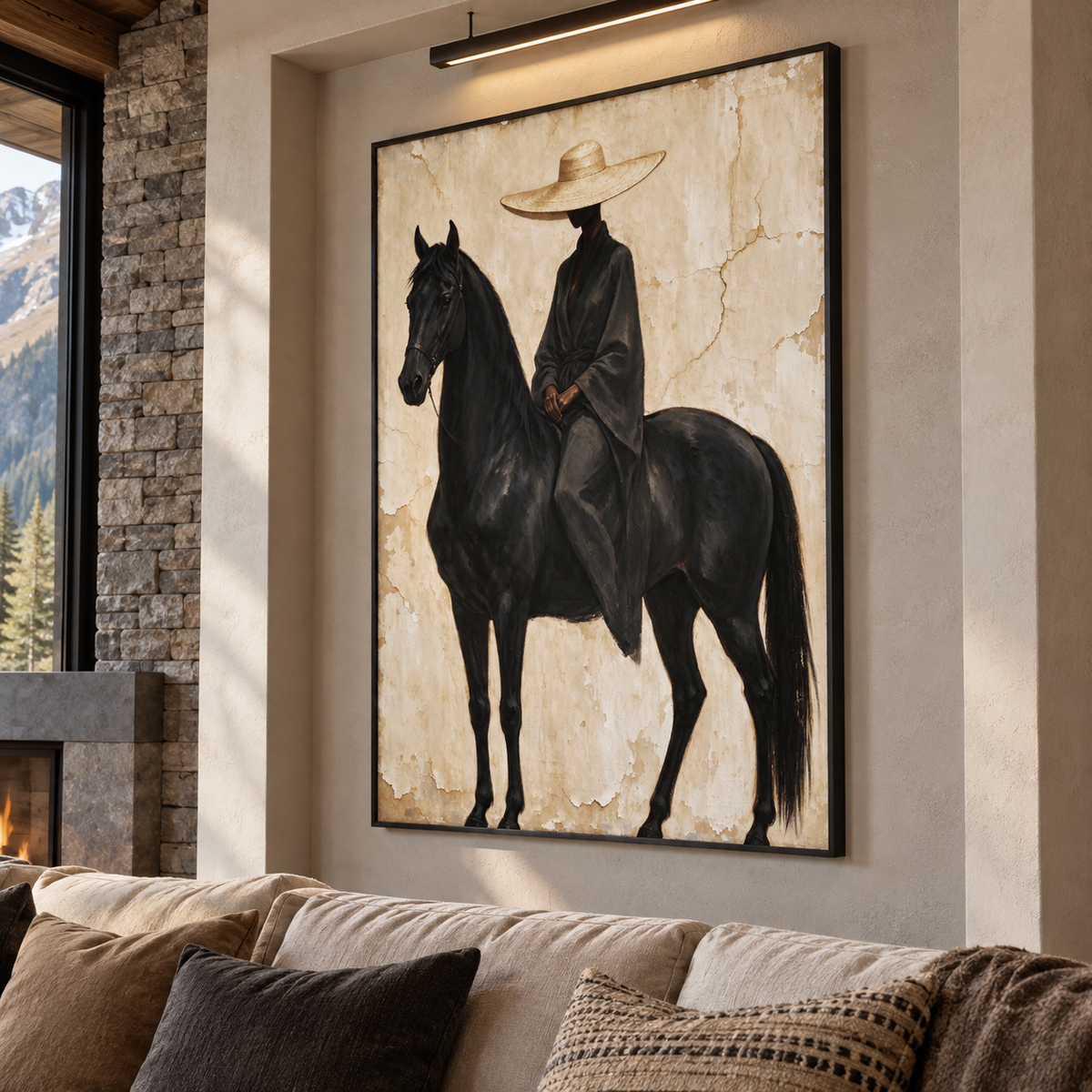 A black horse standing with a dark-clothed rider in a wide tan hat against a warm cream background, shown from an angle in the room.