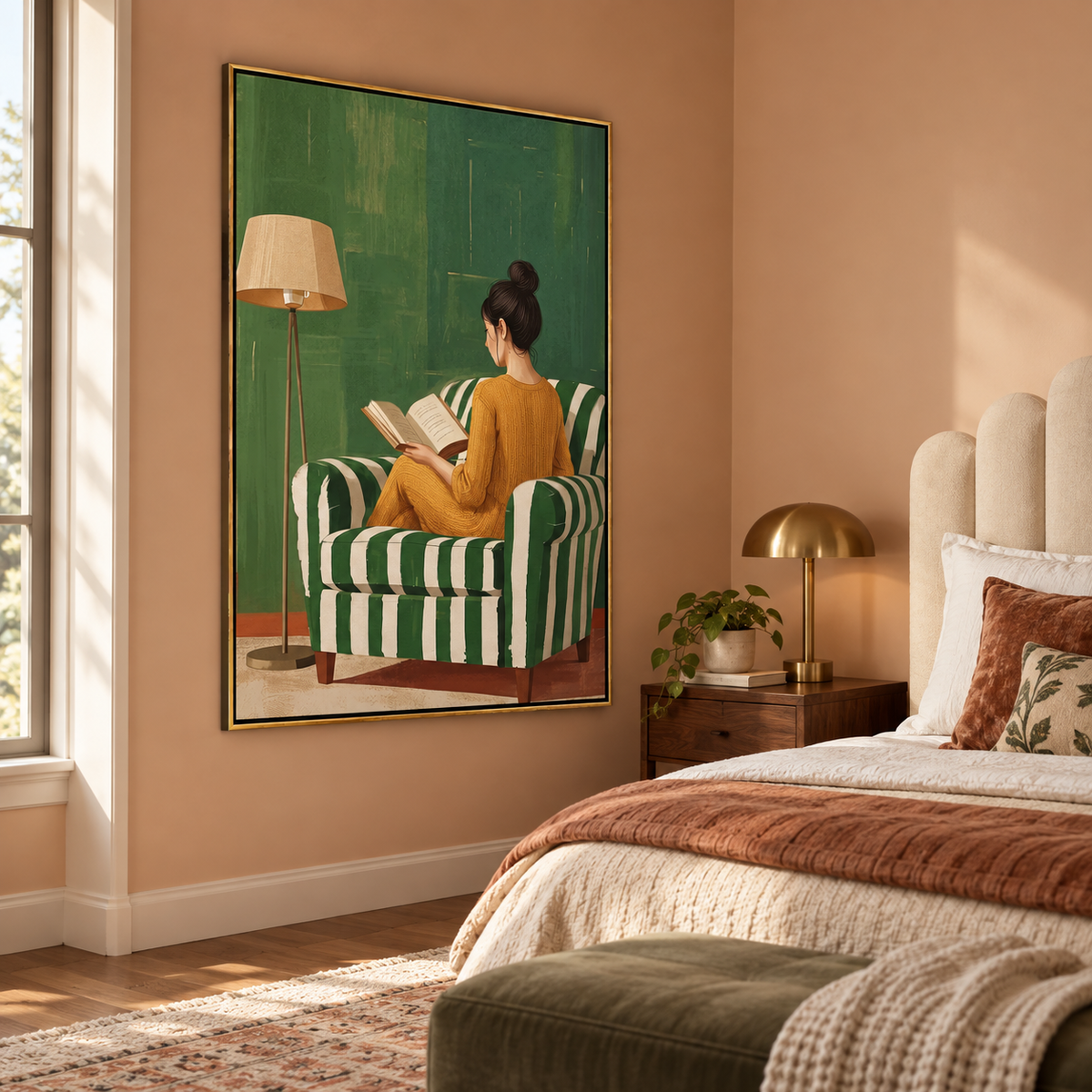 A woman in a mustard-yellow dress reading in a green-and-white striped armchair beside a floor lamp against a green wall, shown in room setting 4.