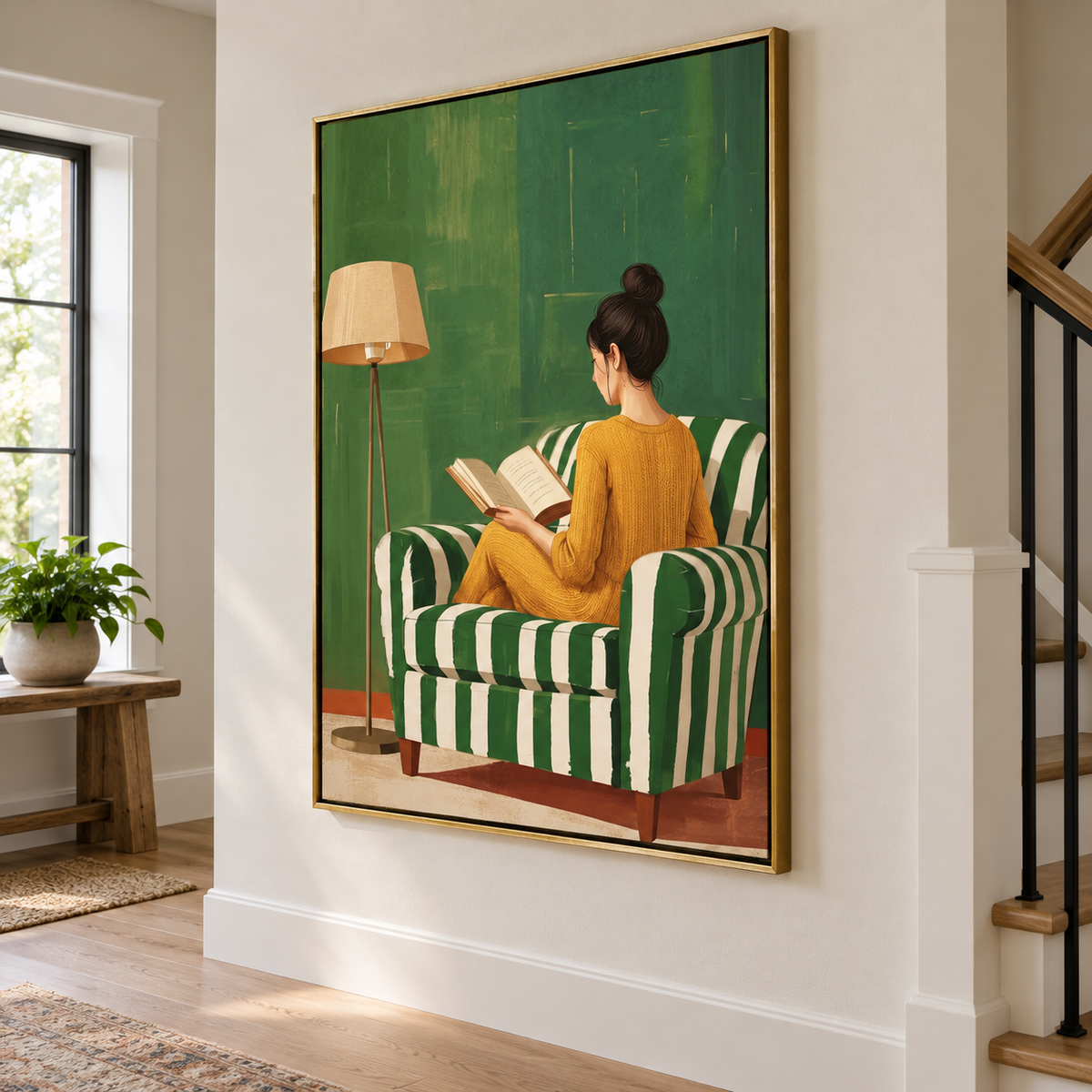 A woman in a mustard-yellow dress reading in a green-and-white striped armchair beside a floor lamp against a green wall, shown in room setting 5.