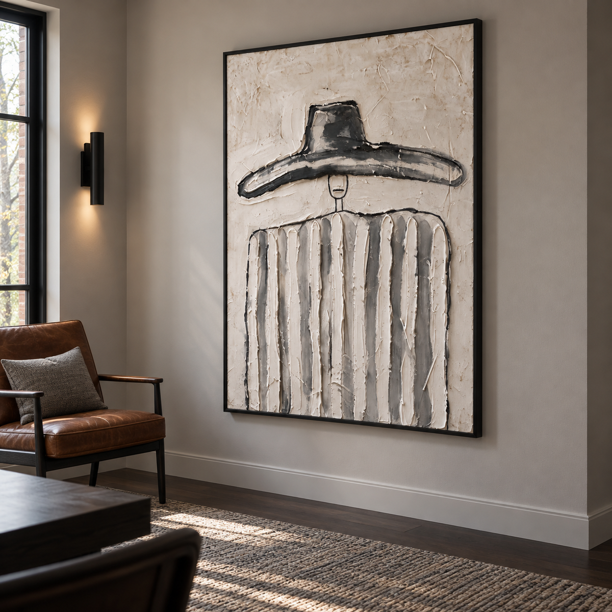 A small-faced figure under an oversized dark hat wearing broad gray and white vertical stripes, shown from an angle in the room.