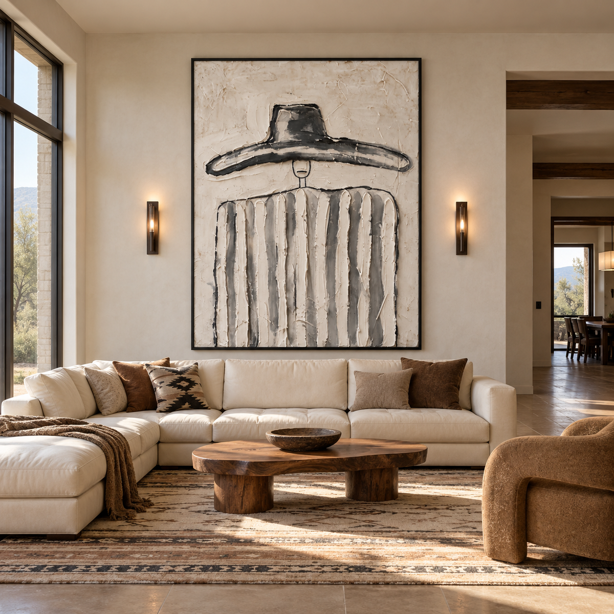 A small-faced figure under an oversized dark hat wearing broad gray and white vertical stripes, shown in a southwestern living room.