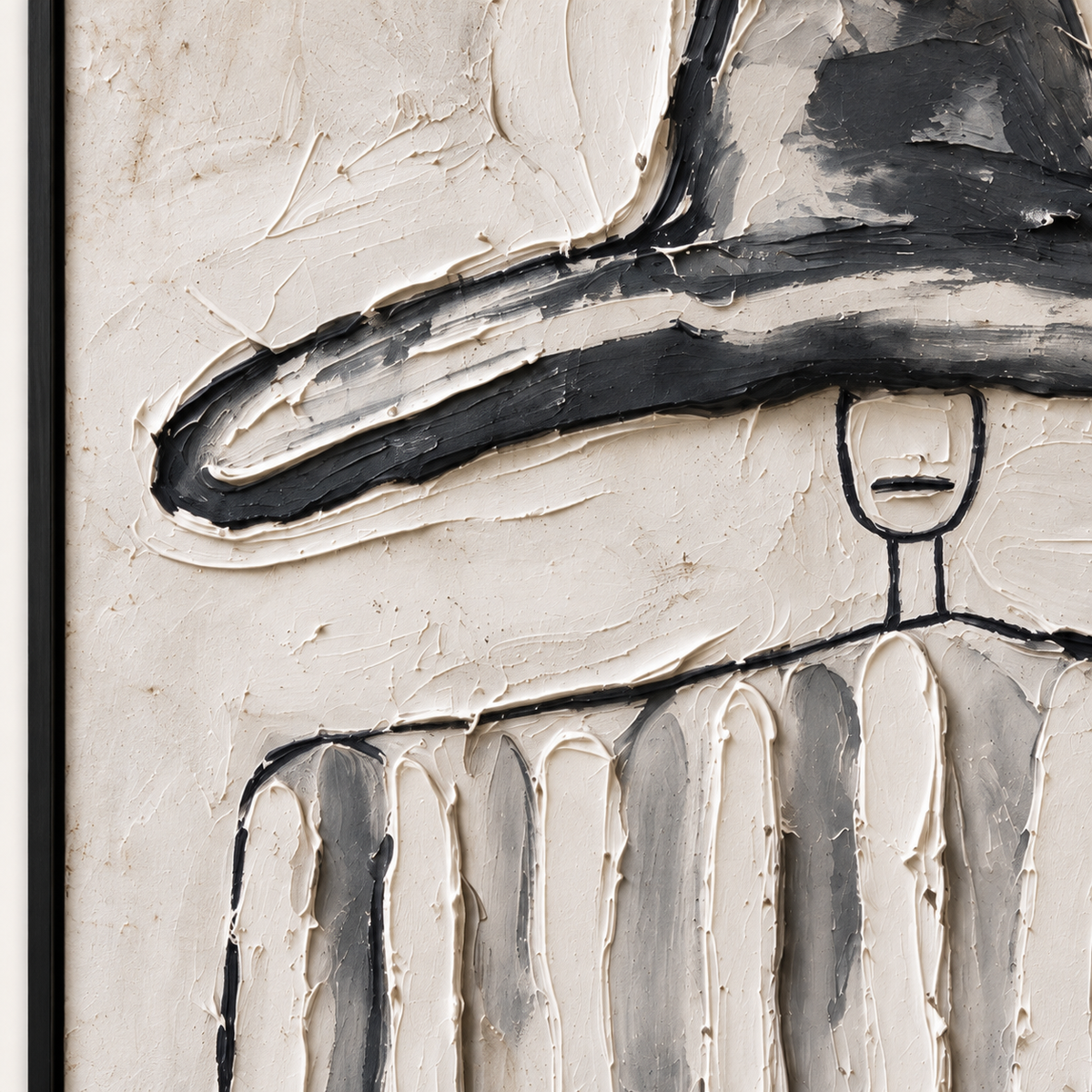 A small-faced figure under an oversized dark hat wearing broad gray and white vertical stripes, close-up of the painted details.
