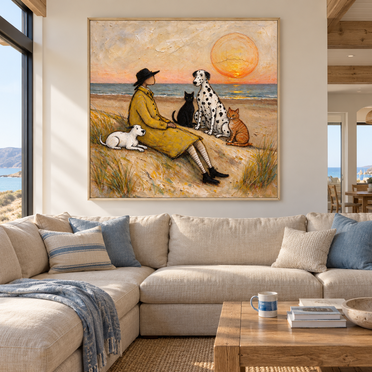 A man in a yellow coat sitting on a sandy beach with a small white dog, a Dalmatian, a black cat and an orange cat beneath a large orange setting sun, shown in room setting 1.