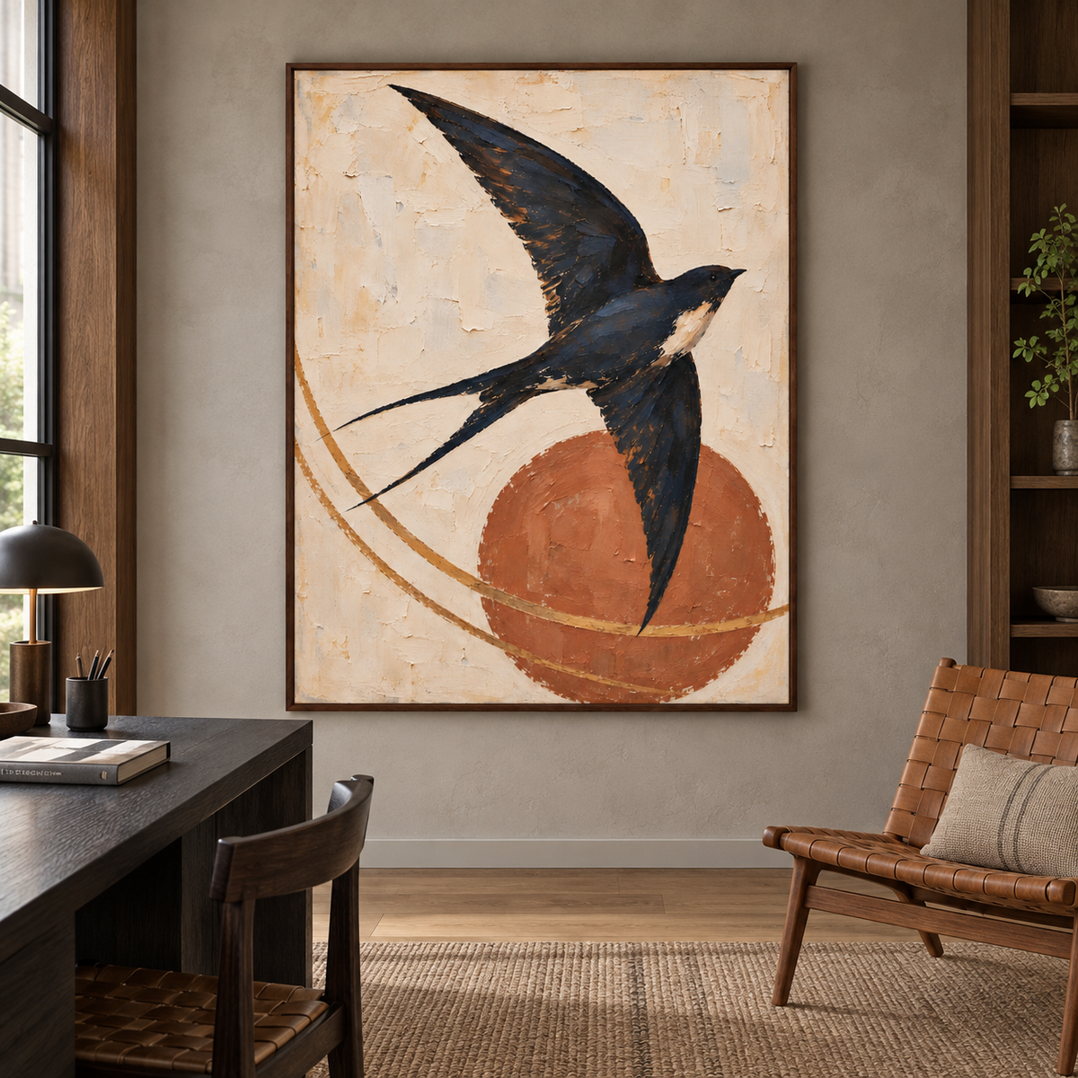 A dark swallow with outstretched wings over a terracotta sun and curved ochre lines, in a Japanese-inspired study.