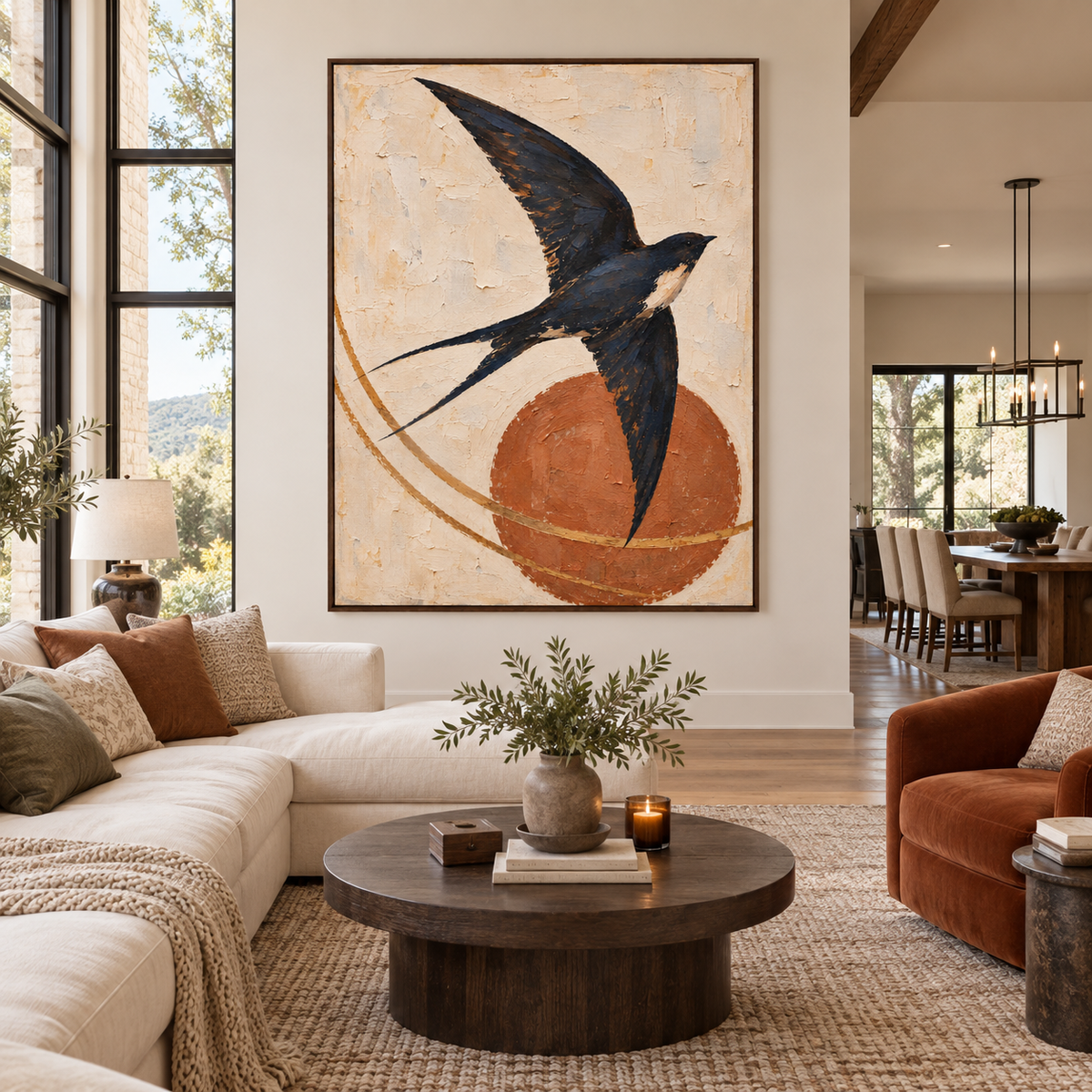A dark swallow with outstretched wings over a terracotta sun and curved ochre lines, in an organic modern living room.