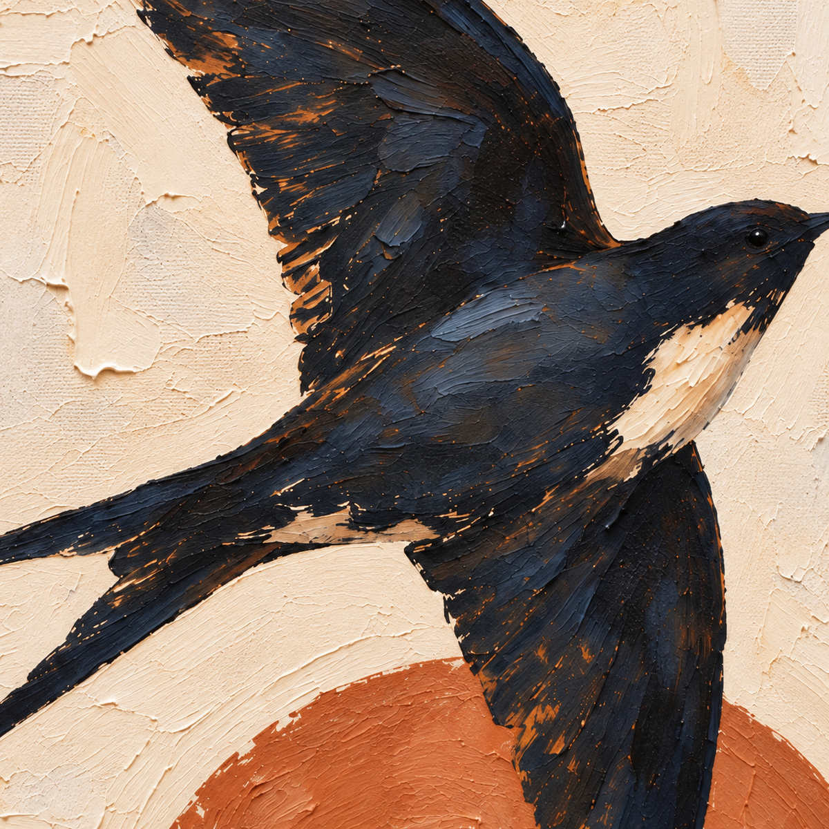 A dark swallow with outstretched wings over a terracotta sun and curved ochre lines, close-up of the dark wings and cream breast.