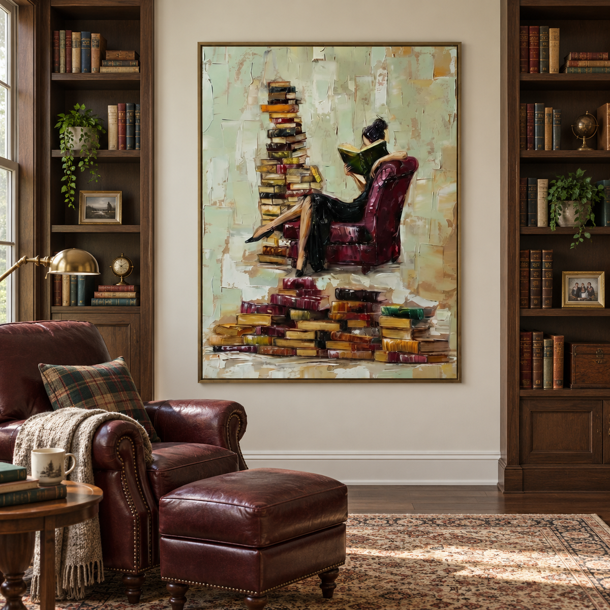 A woman in a black dress reading a green book in a burgundy armchair beside tall, uneven stacks of books on a pale background, shown in room setting 1.