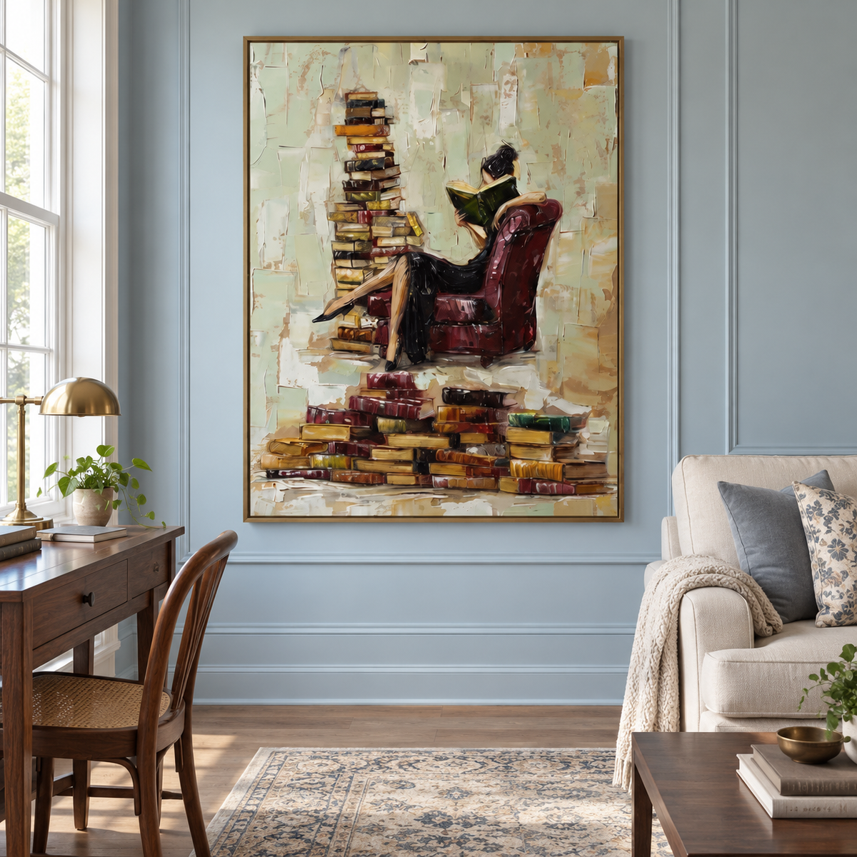 A woman in a black dress reading a green book in a burgundy armchair beside tall, uneven stacks of books on a pale background, shown in room setting 2.
