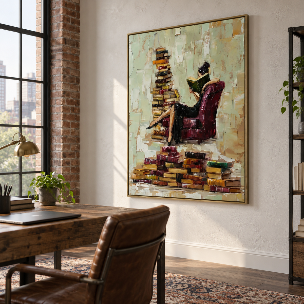 A woman in a black dress reading a green book in a burgundy armchair beside tall, uneven stacks of books on a pale background, shown in room setting 4.