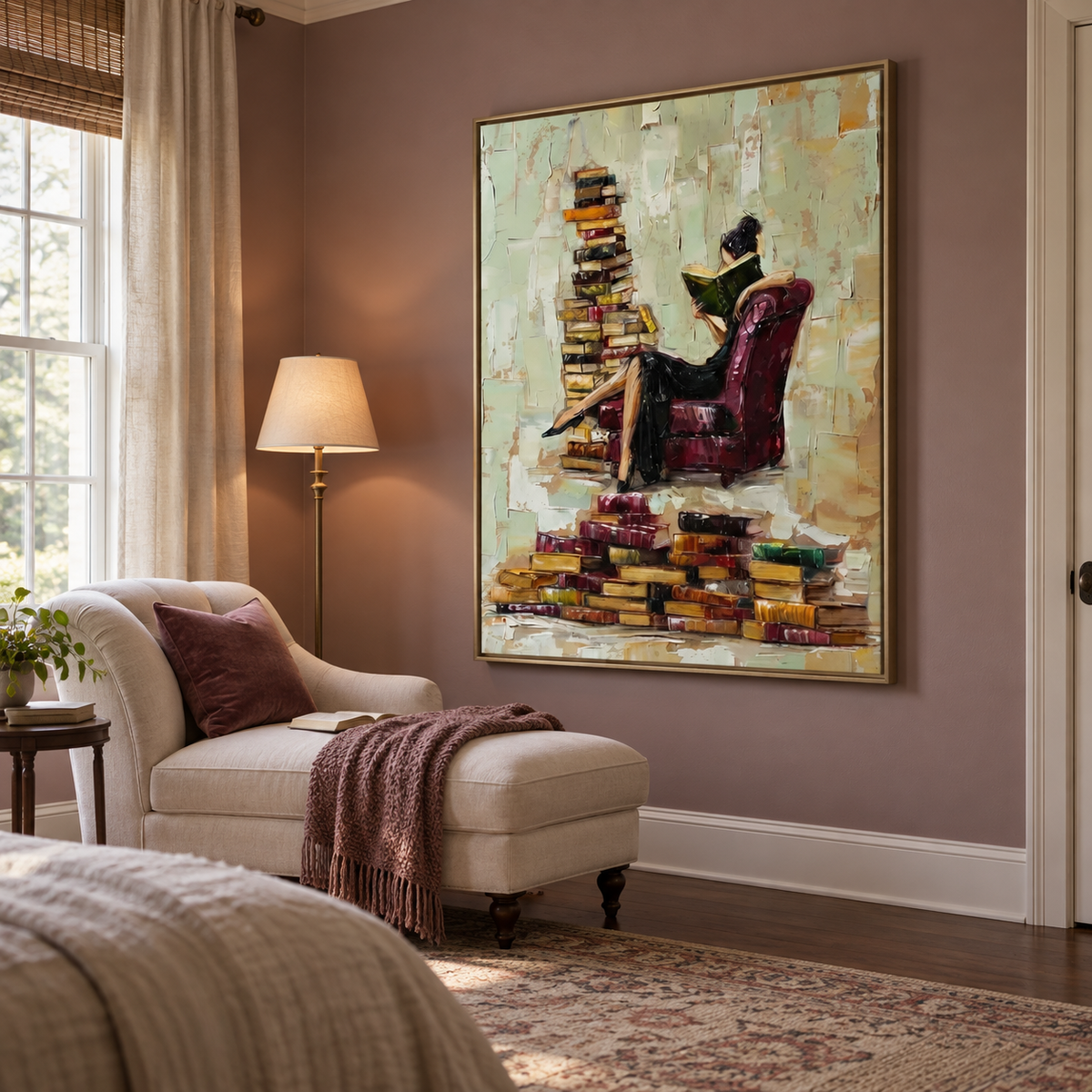 A woman in a black dress reading a green book in a burgundy armchair beside tall, uneven stacks of books on a pale background, shown in room setting 5.