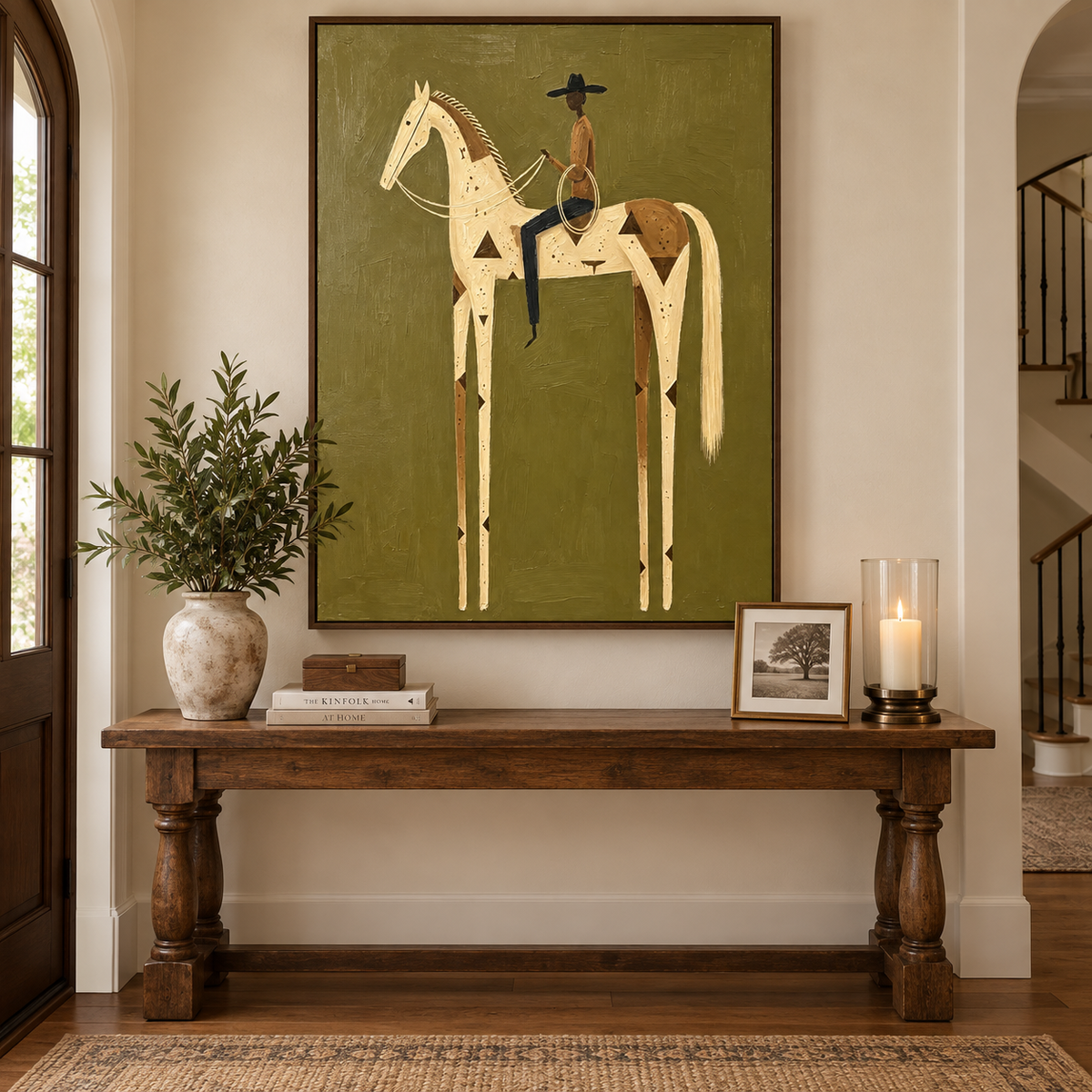 A cowboy holding a lasso on a tall cream and brown spotted horse against olive green, in an entryway.