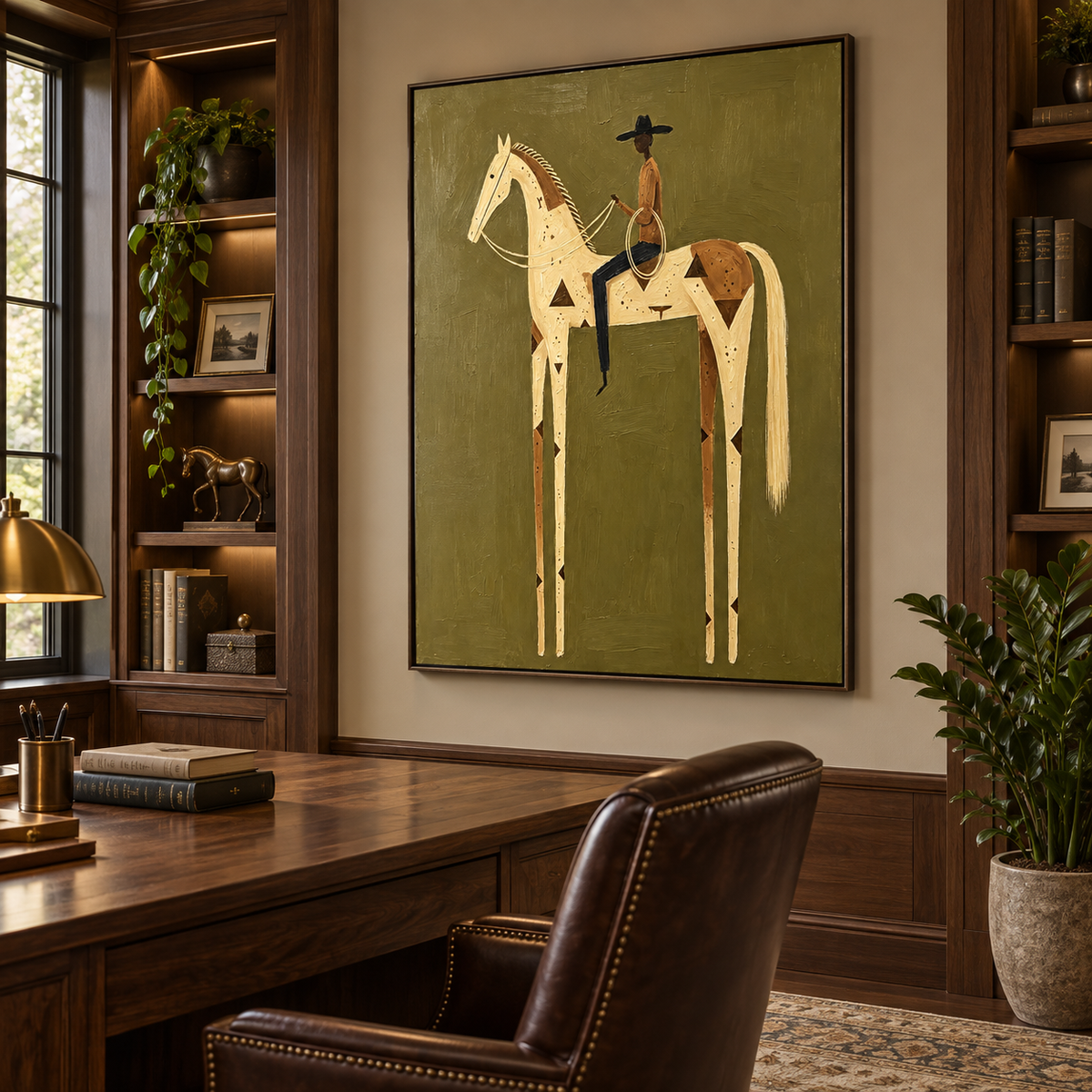 A cowboy holding a lasso on a tall cream and brown spotted horse against olive green, shown from an angle in a study.
