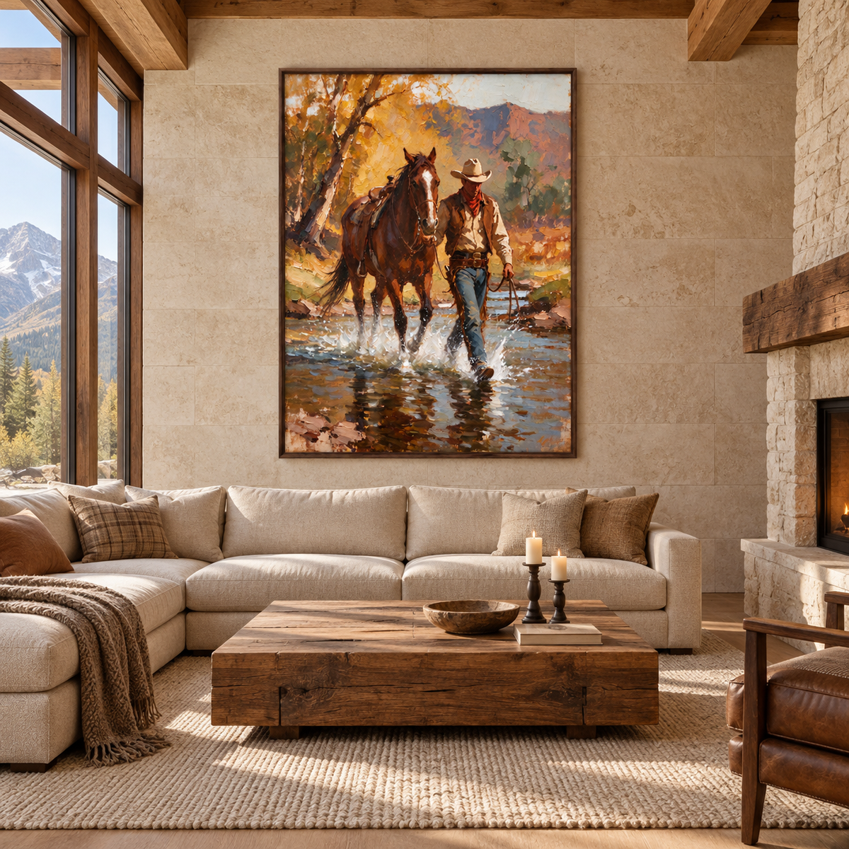 A cowboy leads a brown horse through a shallow stream, with autumn gold foliage, mountain colors, and reflected blue-gray water around them., in a living room.