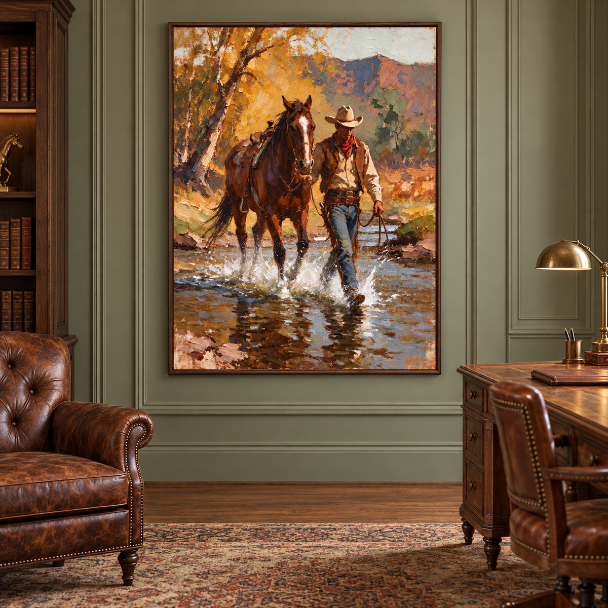 A cowboy leads a brown horse through a shallow stream, with autumn gold foliage, mountain colors, and reflected blue-gray water around them., in a study.