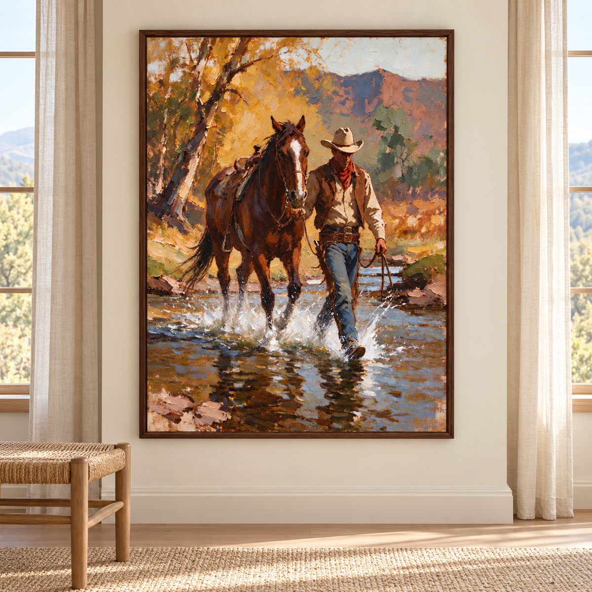 A cowboy leads a brown horse through a shallow stream, with autumn gold foliage, mountain colors, and reflected blue-gray water around them., on a wall between windows.