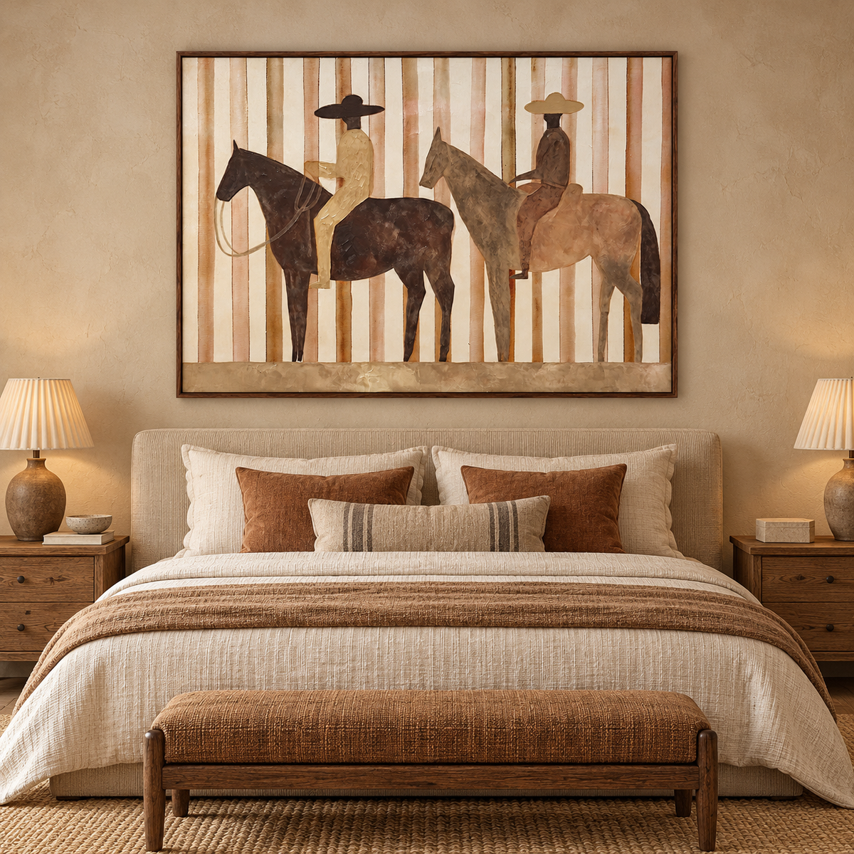 Two cowboys in wide hats ride separate brown horses in profile against narrow cream and rust vertical stripes, in a bedroom.