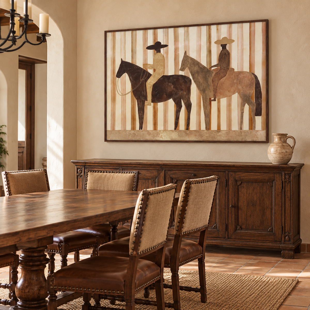 Two cowboys in wide hats ride separate brown horses in profile against narrow cream and rust vertical stripes, shown from an angle in a dining room.