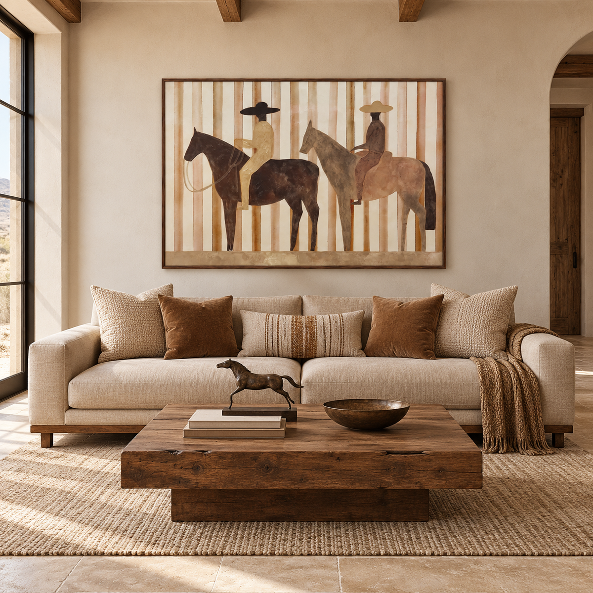 Two cowboys in wide hats ride separate brown horses in profile against narrow cream and rust vertical stripes, in a living room.