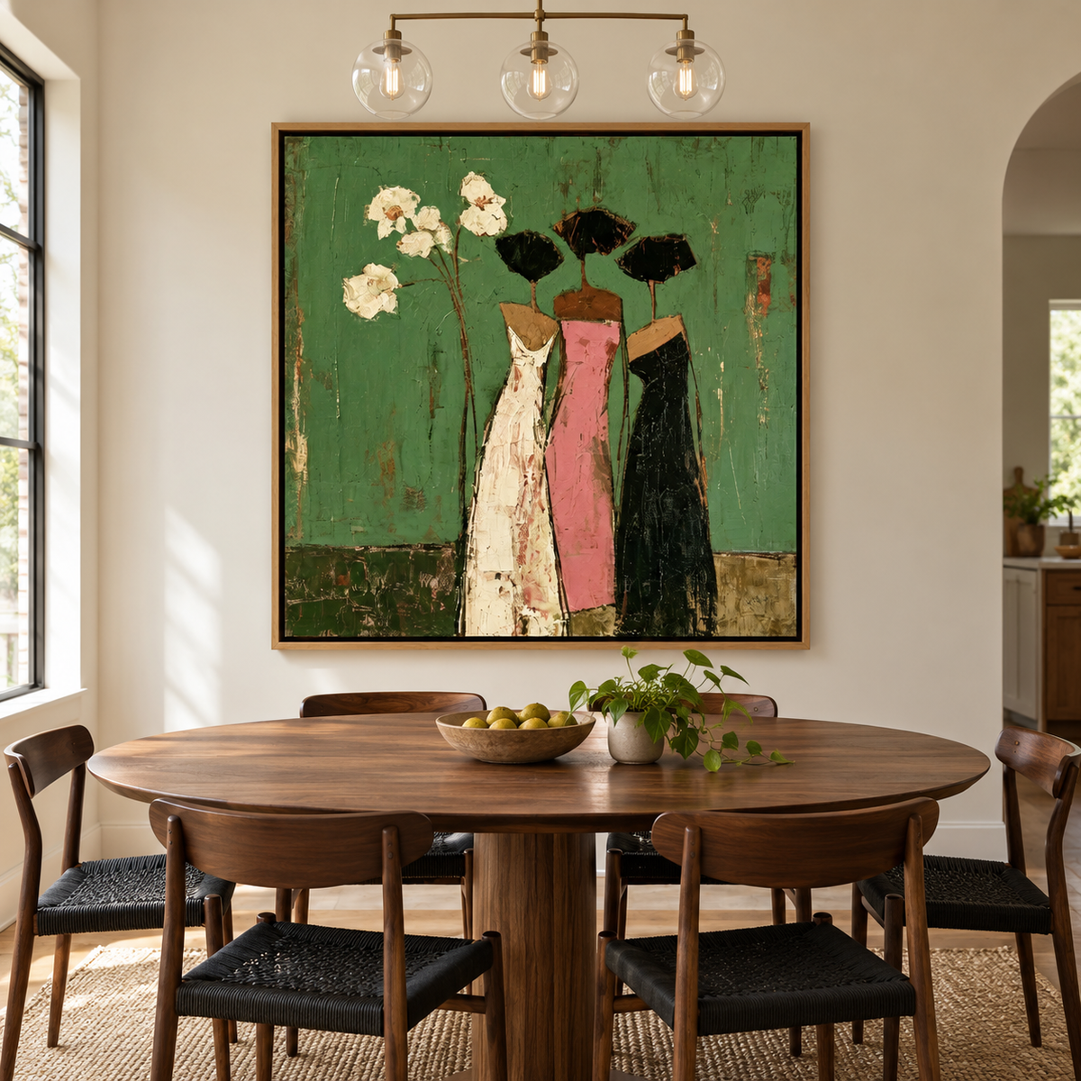 Three slender women in cream, pink and black dresses standing together beside white flowers on a green background, shown in room setting 2.
