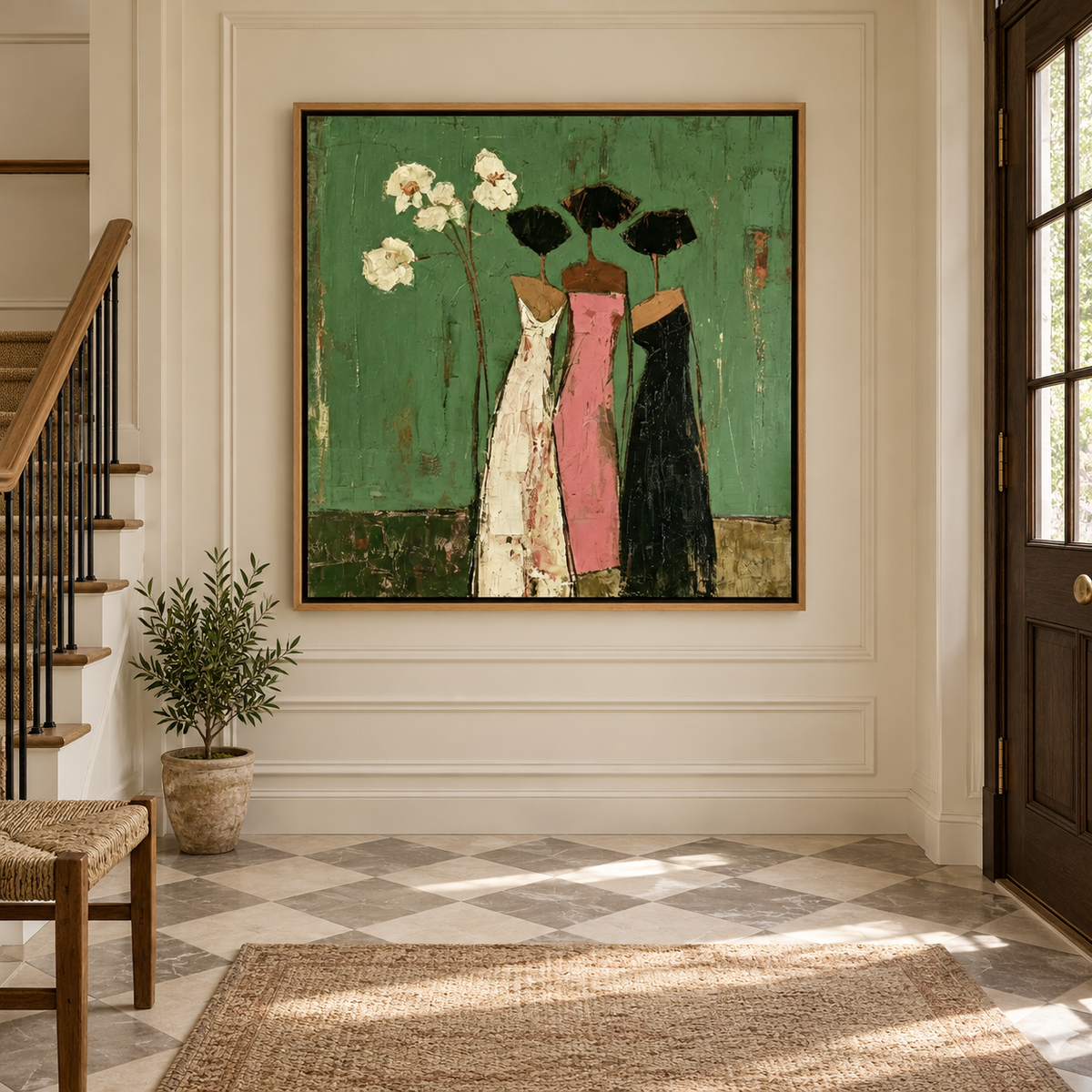 Three slender women in cream, pink and black dresses standing together beside white flowers on a green background, shown in room setting 3.