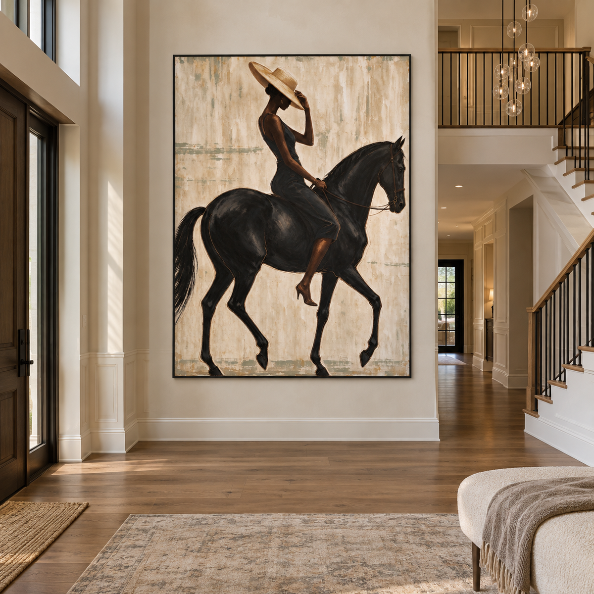 A woman in a black dress touching the brim of her tan hat while riding a black horse shown in profile, shown in a organic modern entryway.