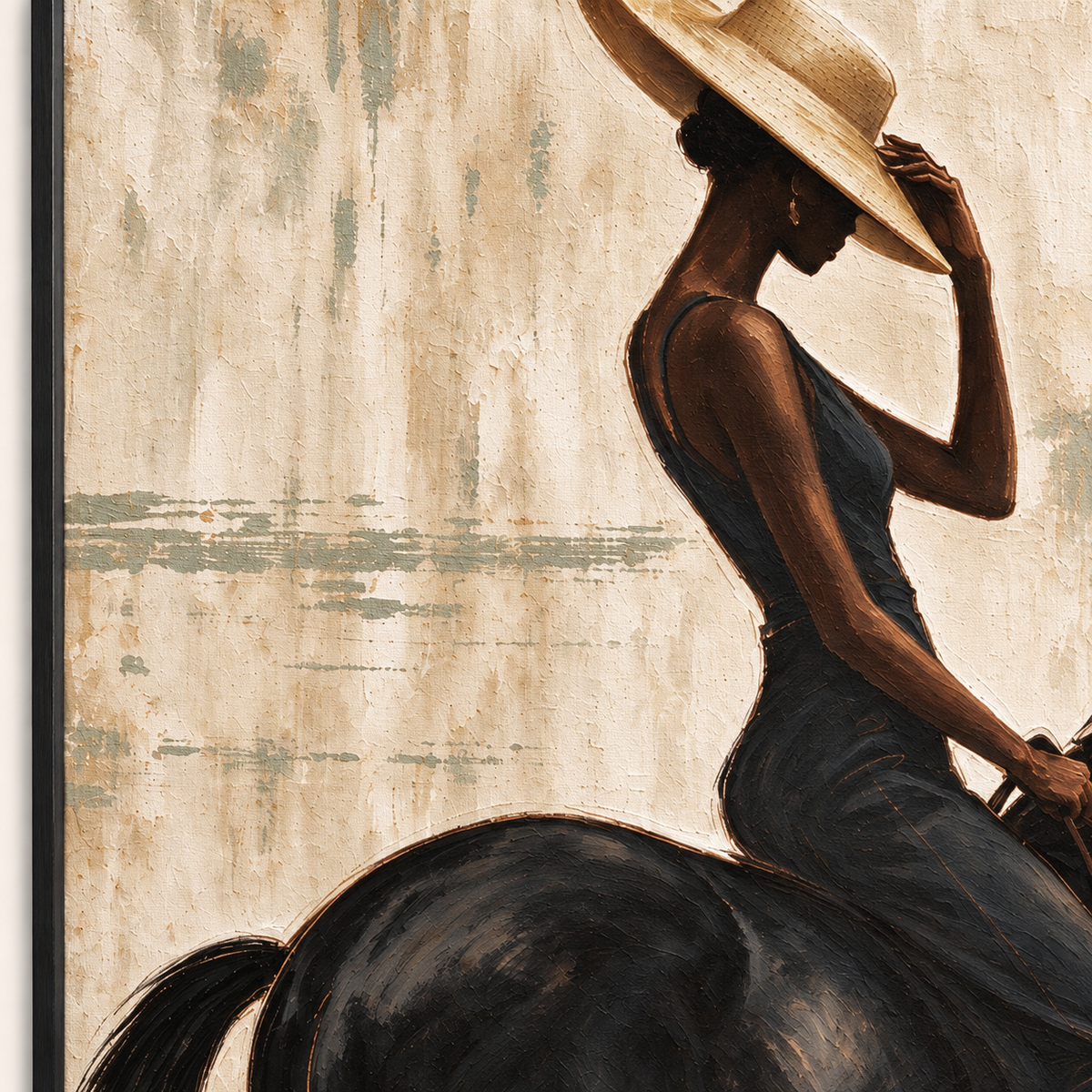 A woman in a black dress touching the brim of her tan hat while riding a black horse shown in profile, close-up of the painted details.
