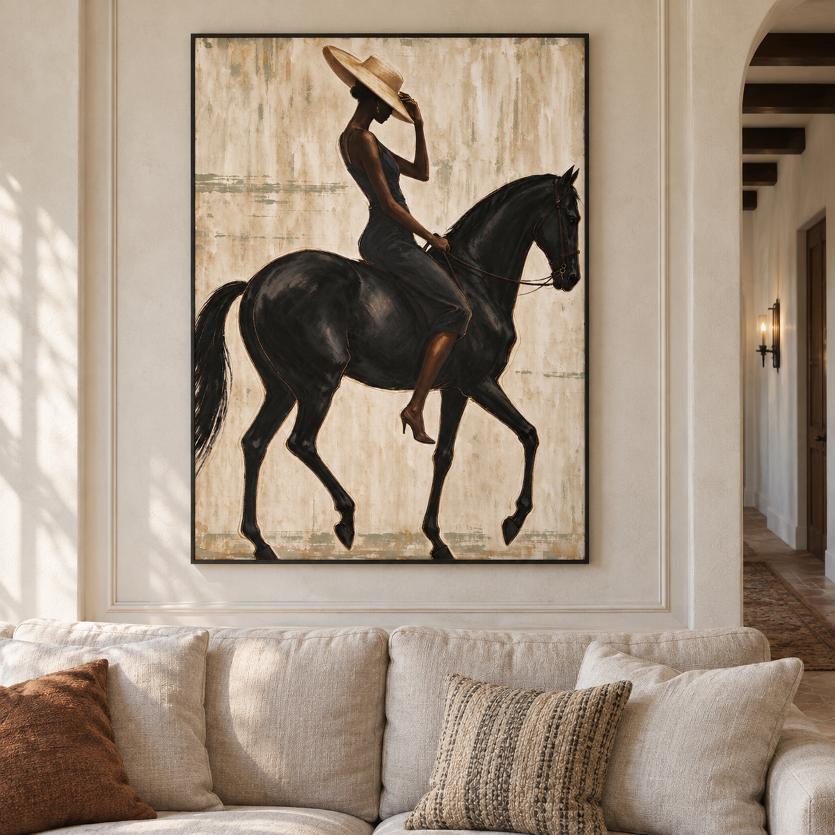 A woman in a black dress touching the brim of her tan hat while riding a black horse shown in profile, shown in a spanish style living room.