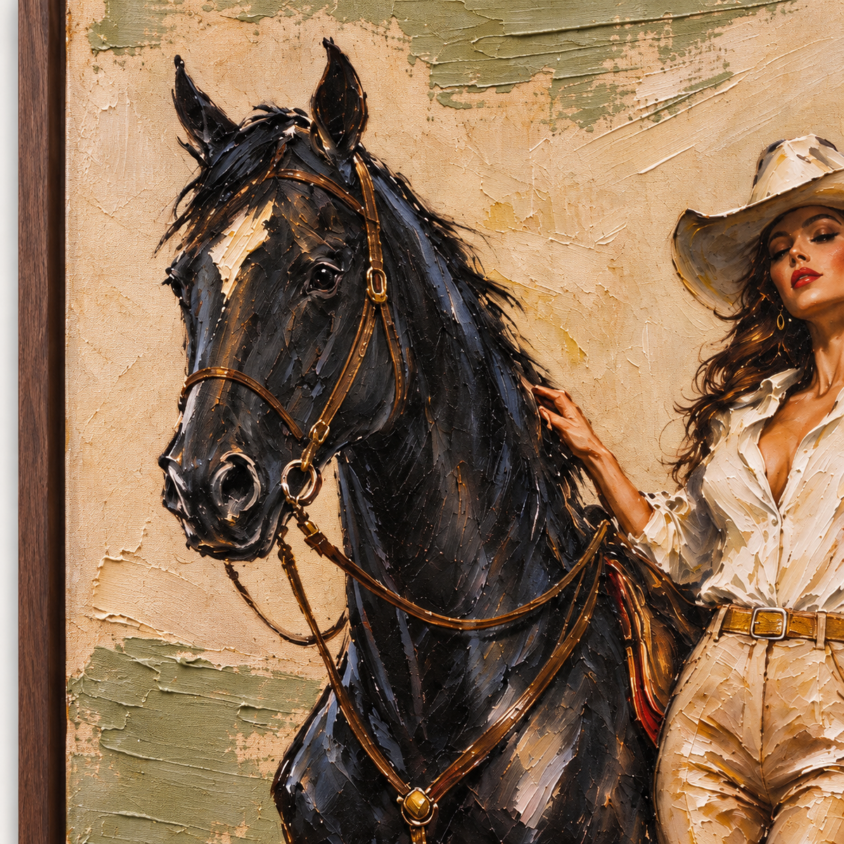 A cowgirl in a pale shirt and tan pants raising a glass beside a black horse against a warm beige background, close-up of the painted details.