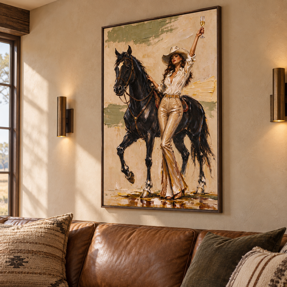 A cowgirl in a pale shirt and tan pants raising a glass beside a black horse against a warm beige background, shown from an angle.