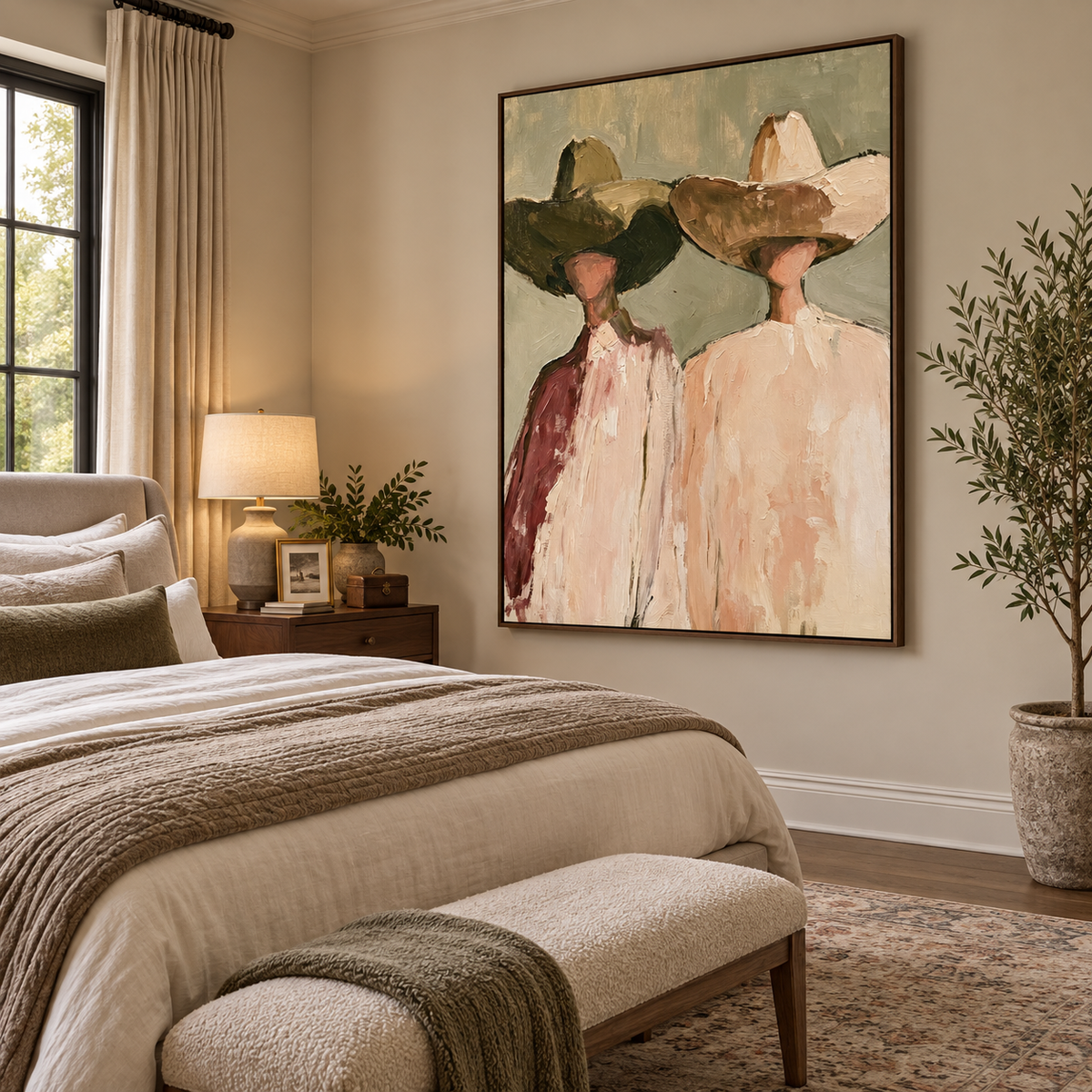 Two loosely painted cowboys in oversized hats and cream and burgundy clothing against sage gray, shown from an angle in a bedroom.