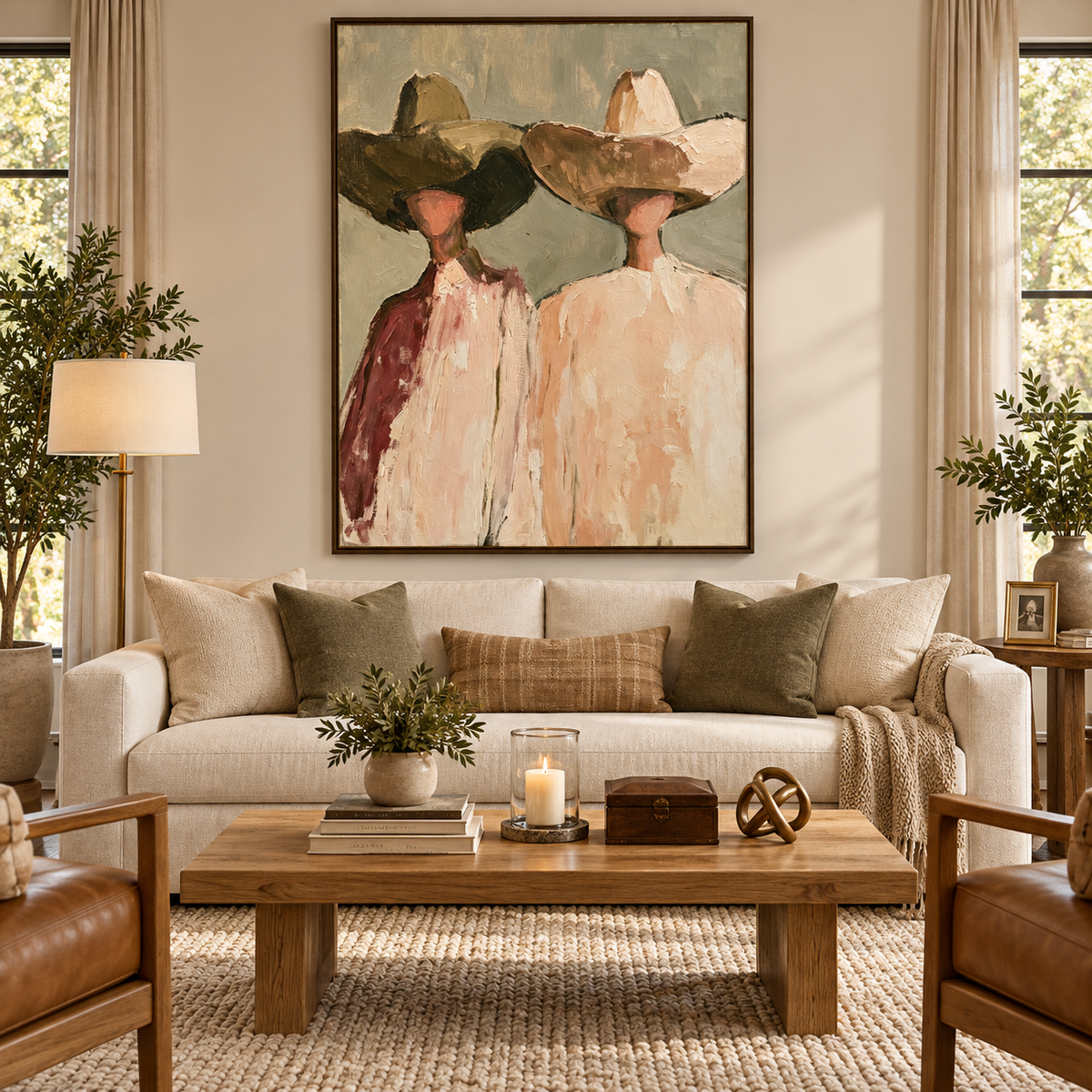 Two loosely painted cowboys in oversized hats and cream and burgundy clothing against sage gray, in a living room.